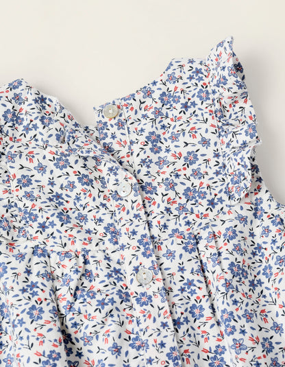 Floral Jumpsuit for Newborn Girls, White/Blue/Red