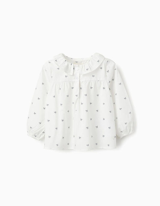 Floral Cotton Blouse for Baby Girls, White