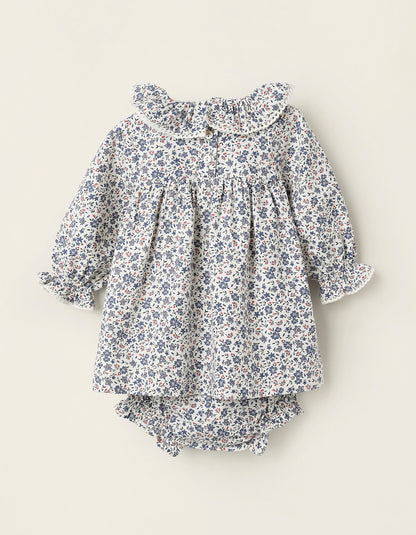 Floral Dress + Bloomers for Newborn Girls, White/Blue/Red