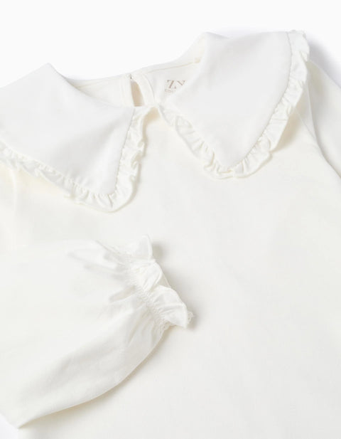 T-shirt with Maxi Collar and Frill Contour for Girls, White