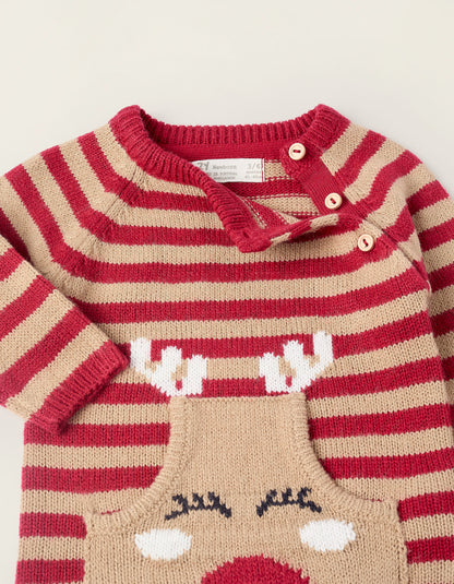 Christmas Knitted Jumpsuit for Newborns 'Reindeer', Red/Beige