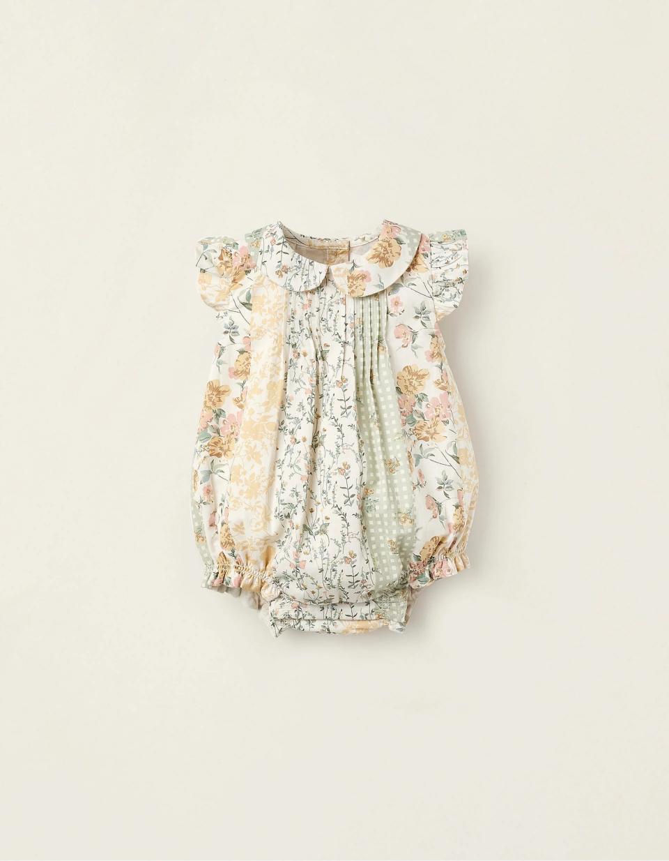 Floral Jumpsuit for Newborn Girls, Beige/Green/Pink