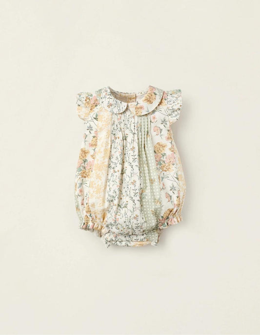 Floral Jumpsuit for Newborn Girls, Beige/Green/Pink