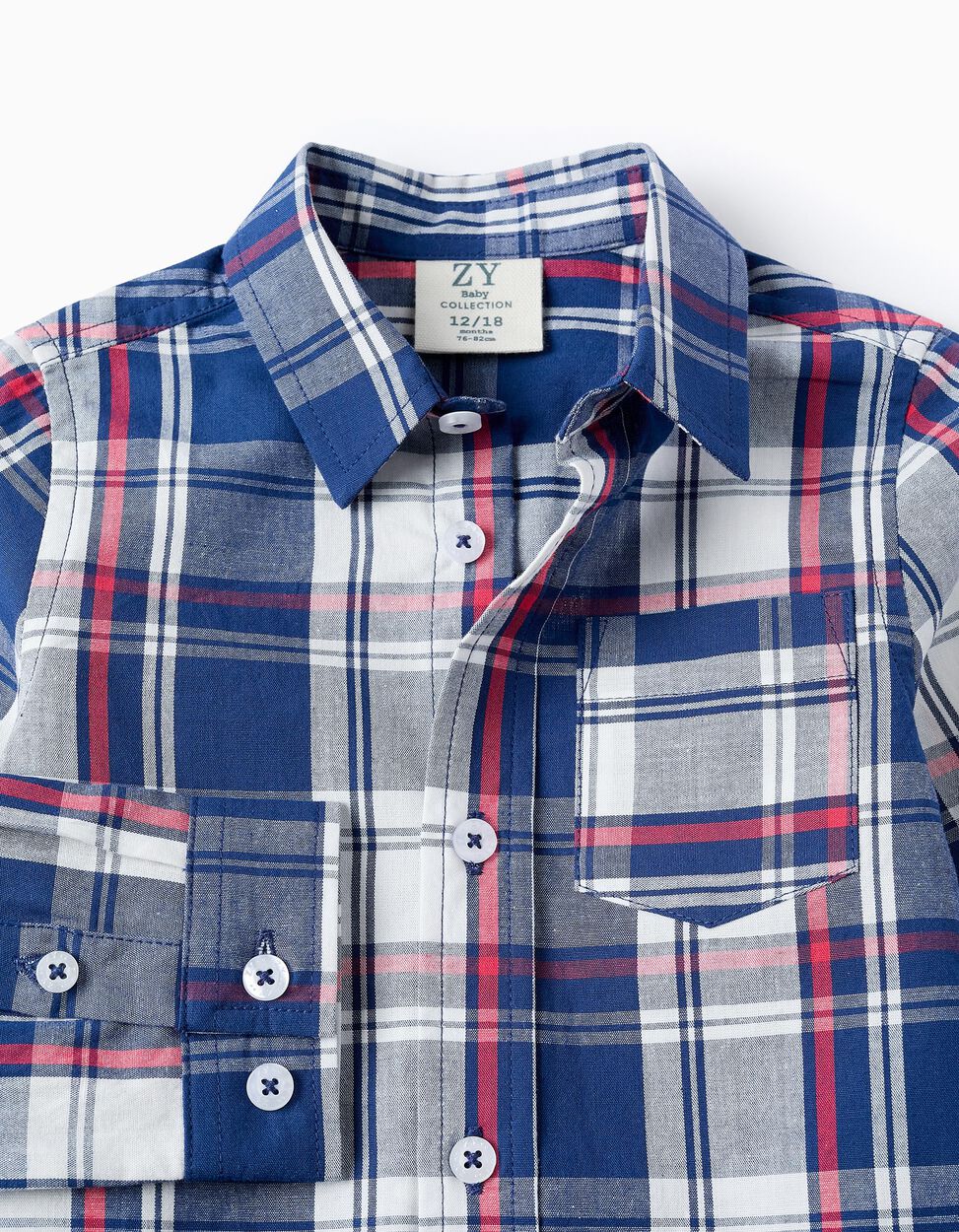 Cotton Shirt with Check Pattern for Baby Boys, Blue/Red/White