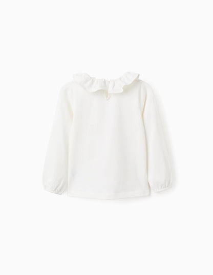 Long-sleeved T-shirt with Ruffle Collar for Girls, White