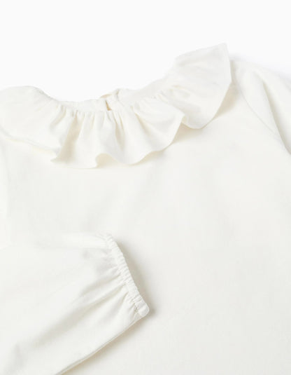 Long-sleeved T-shirt with Ruffle Collar for Girls, White