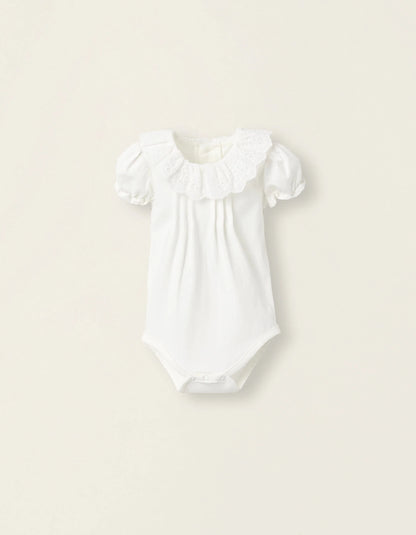 Bodysuit-Blouse with Broderie Anglaise in Cotton for Newborn Girls, White