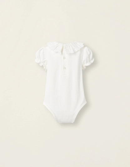 Bodysuit-Blouse with Broderie Anglaise in Cotton for Newborn Girls, White