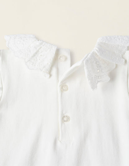 Bodysuit-Blouse with Broderie Anglaise in Cotton for Newborn Girls, White