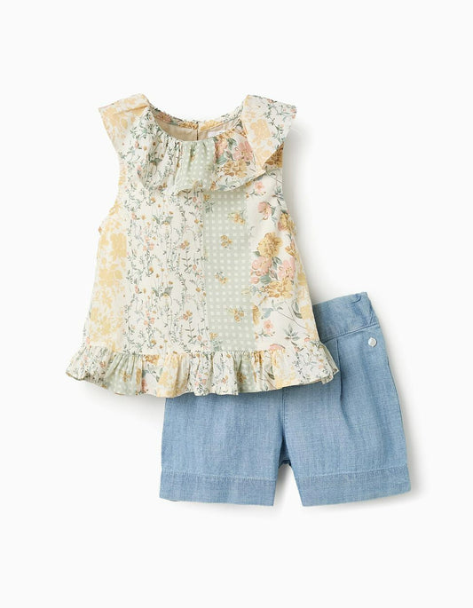 Top Floral + Denim Shorts for Baby Girls, Beige/Blue