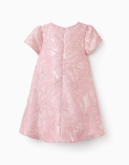 Floral Dress with Bow and Texture for Girls, Pink/Gold