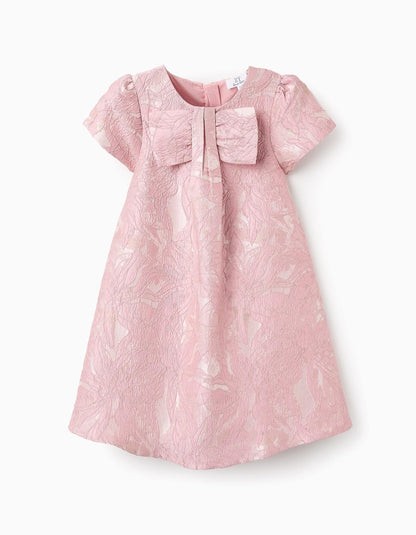 Floral Dress with Bow and Texture for Girls, Pink/Gold