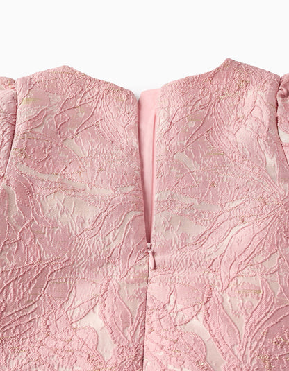 Floral Dress with Bow and Texture for Girls, Pink/Gold