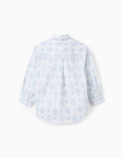Cotton Shirt with Pattern for Baby Boys, White/Blue