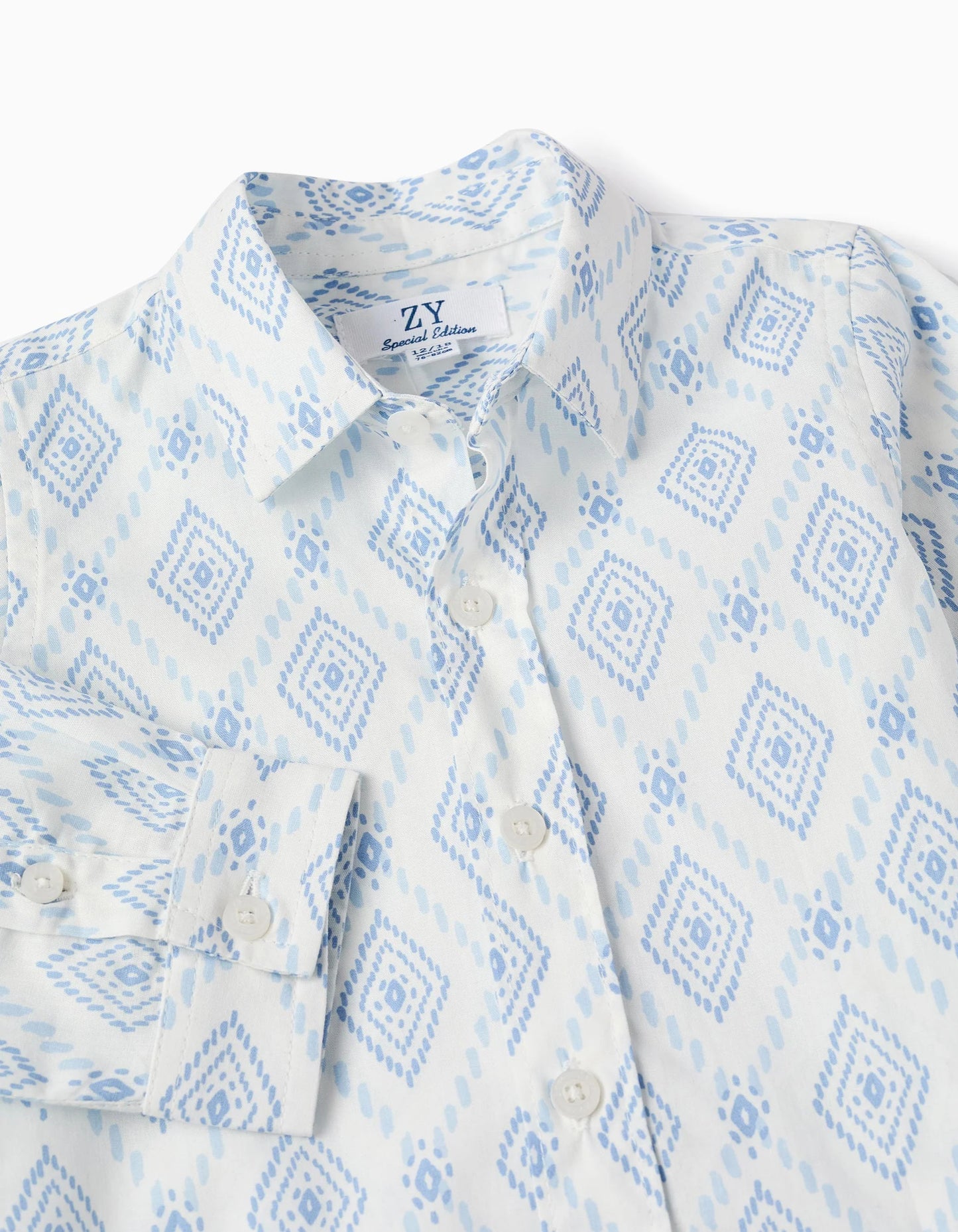 Cotton Shirt with Pattern for Baby Boys, White/Blue