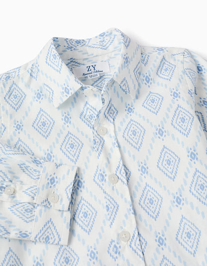 Cotton Shirt with Pattern for Baby Boys, White/Blue