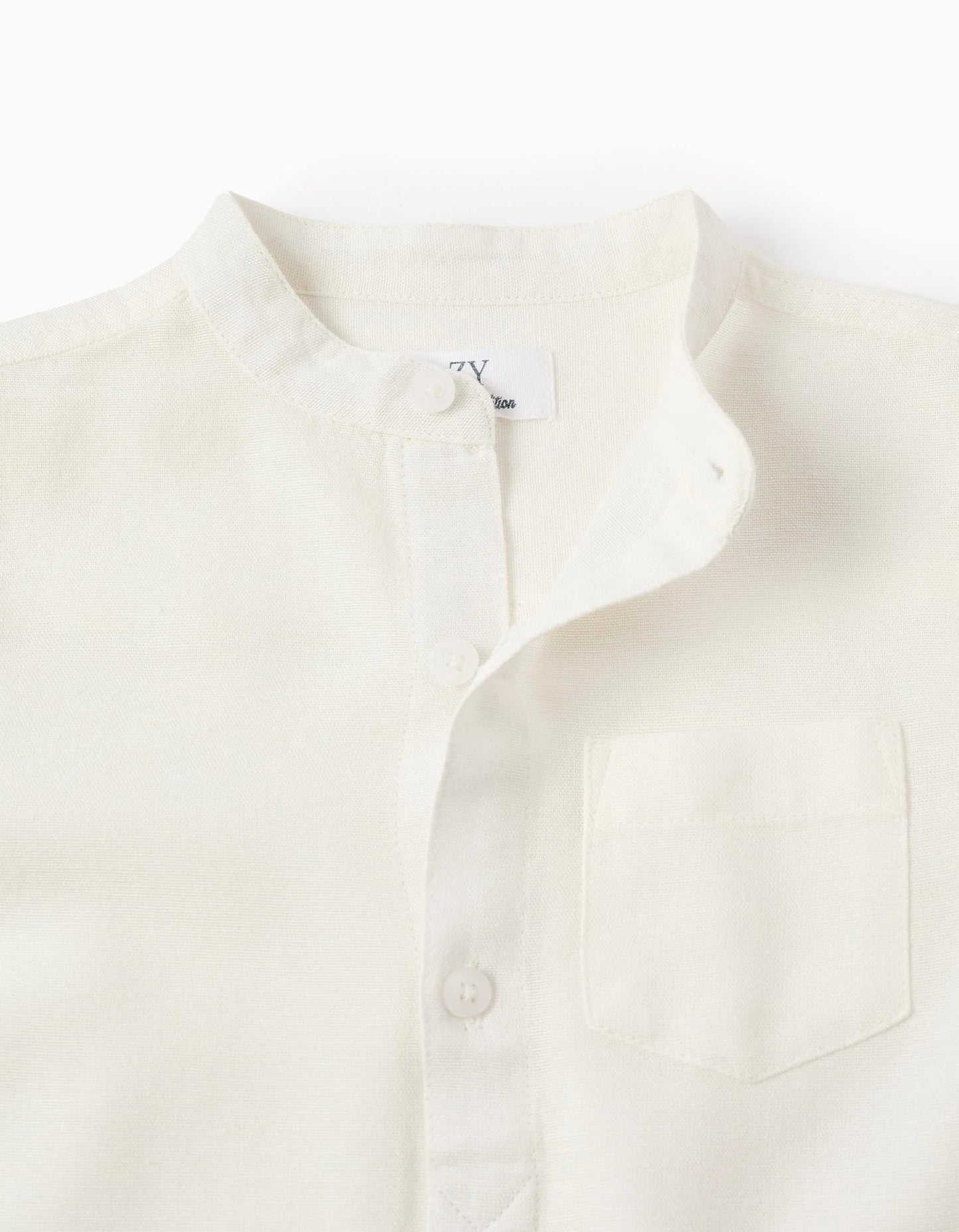Shirt with Mao Collar and Sleeve Tabs for Baby Boys, White