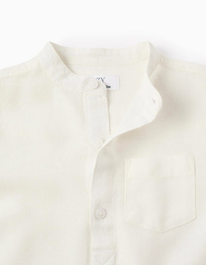 Shirt with Mao Collar and Sleeve Tabs for Baby Boys, White