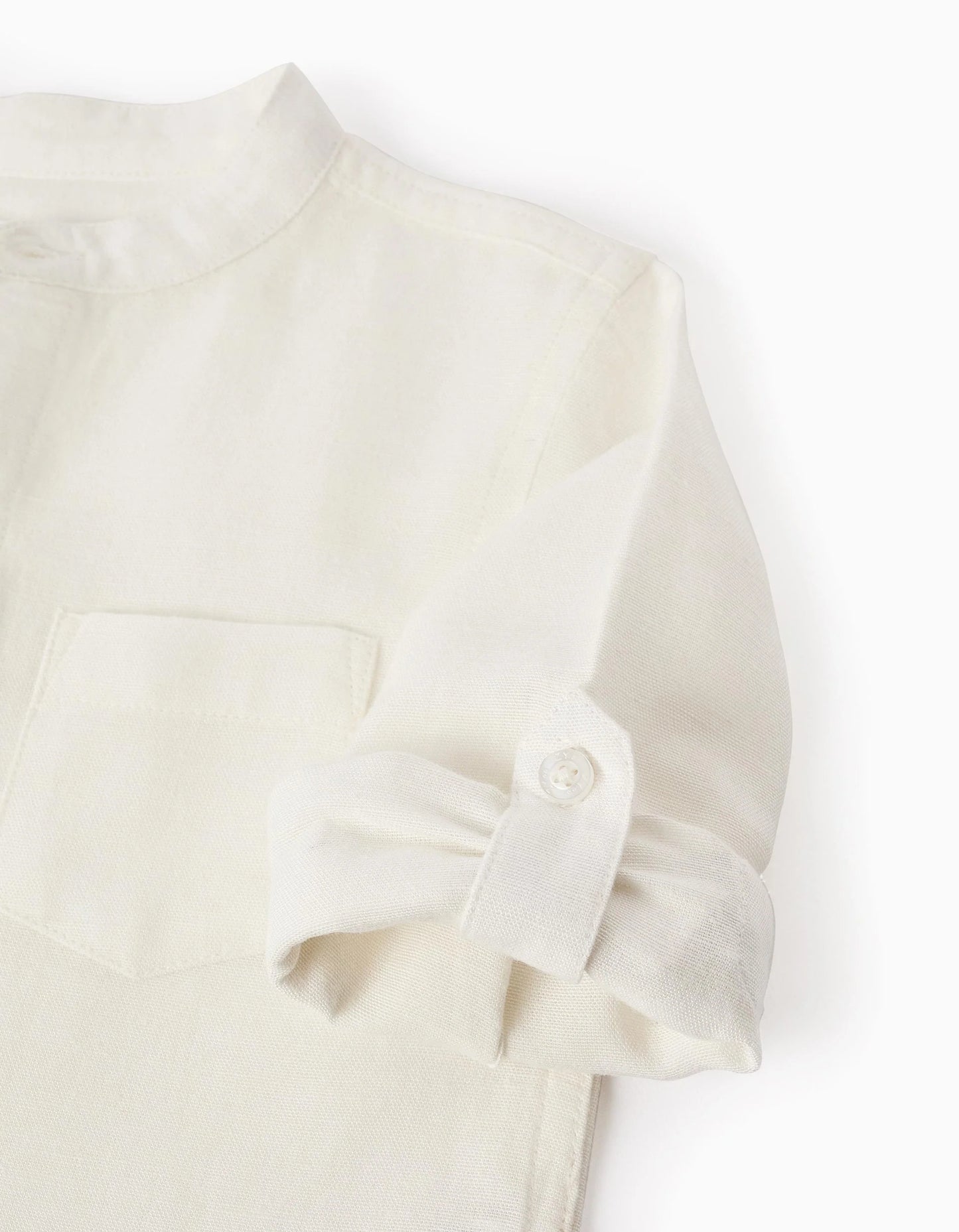 Shirt with Mao Collar and Sleeve Tabs for Baby Boys, White