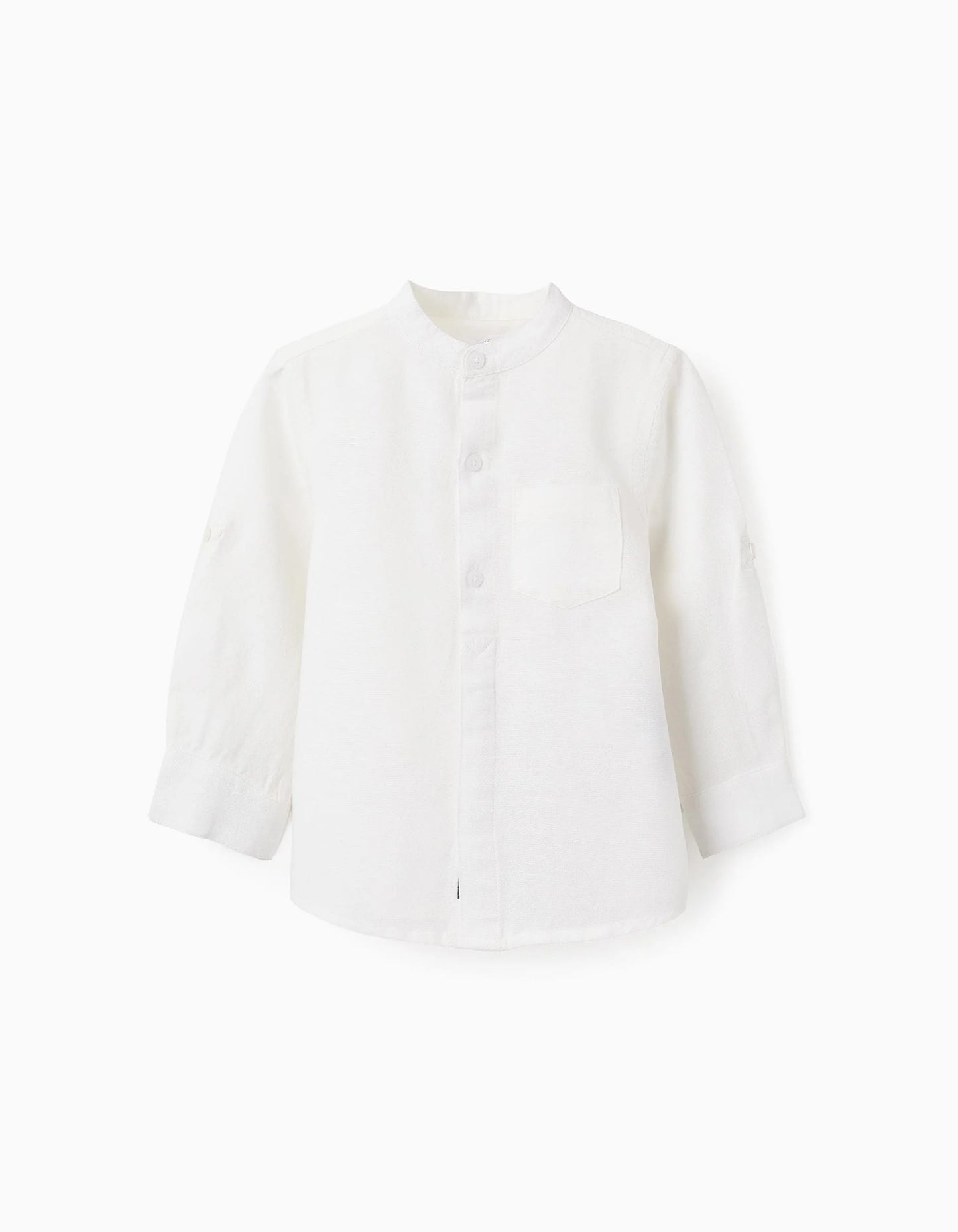 Shirt with Mao Collar and Sleeve Tabs for Baby Boys, White