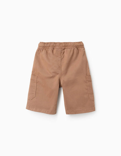 Twill Cargo Shorts for Boys with Pockets, Camel