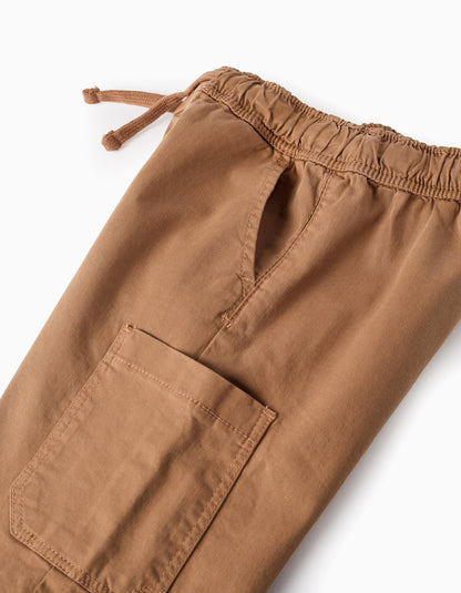 Twill Cargo Shorts for Boys with Pockets, Camel