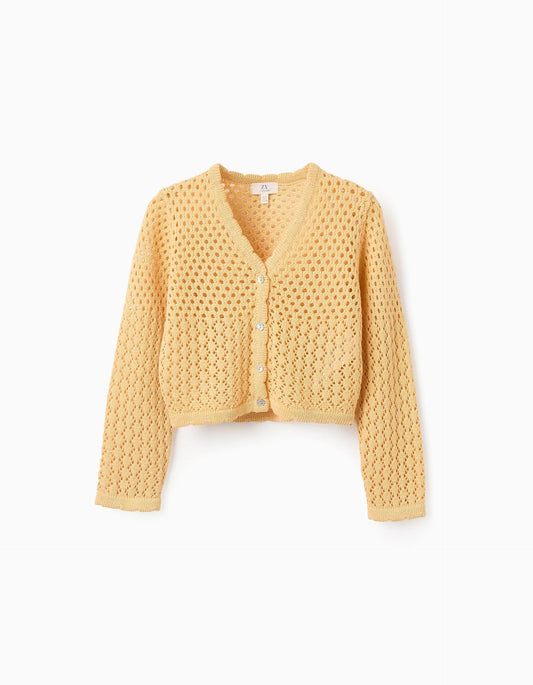 Cardigan in Cotton with Openwork for Girls, Yellow