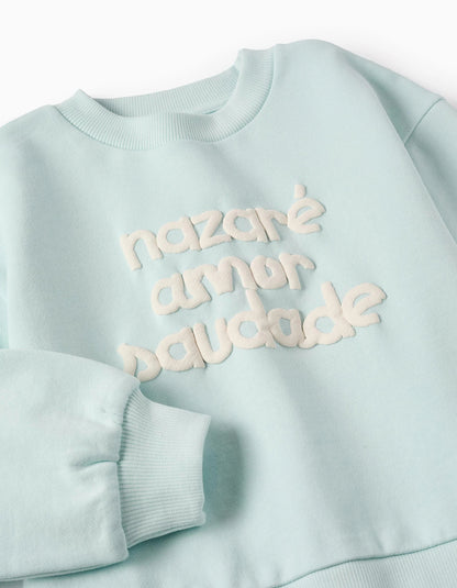 Cotton Sweatshirt with Embossed Print for Girls 'Longing', Blue