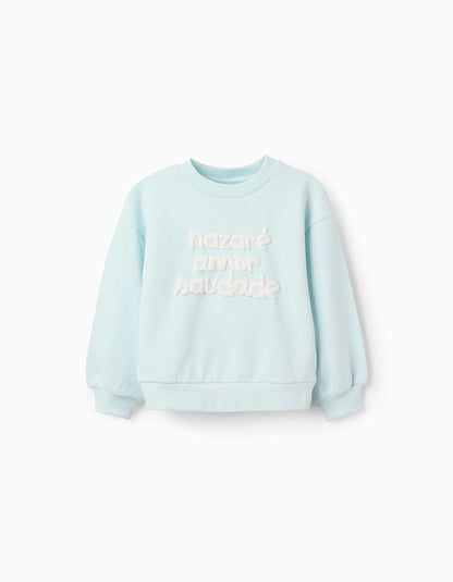 Cotton Sweatshirt with Embossed Print for Girls 'Longing', Blue