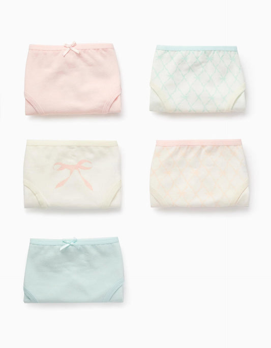 Pack of 5 Briefs for Girls 'Bows', White/Pink/Blue