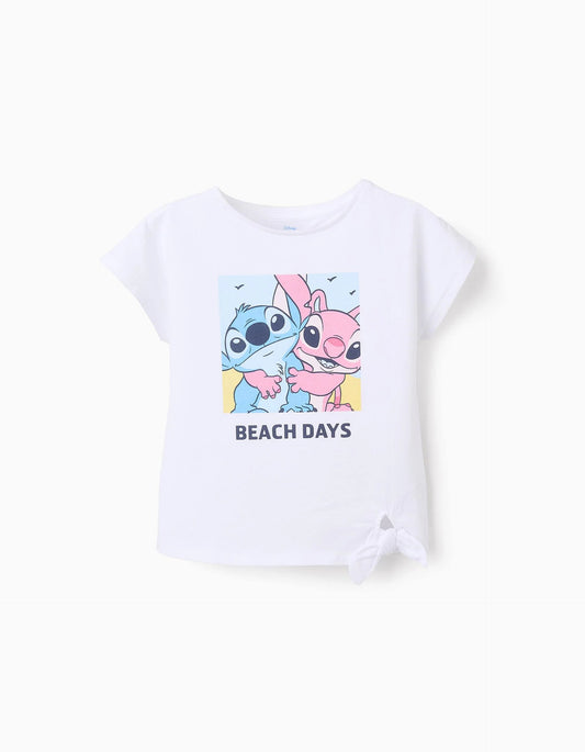 Cotton T-shirt with Bow at the Hem for Girls 'Stitch & Angel', White