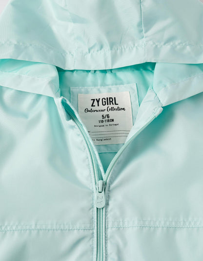 Hooded Windbreaker for Girls, Aqua Green
