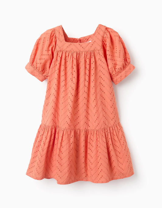 Cotton Dress with Broderie Anglaise for Girls, Orange