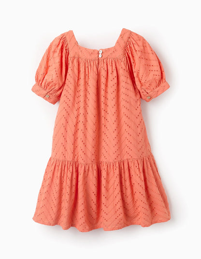 Cotton Dress with Broderie Anglaise for Girls, Orange