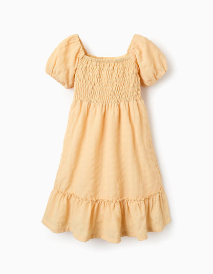 Peasant Dress in Dobby Fabric for Girls, Yellow