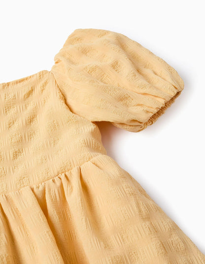 Peasant Dress in Dobby Fabric for Girls, Yellow