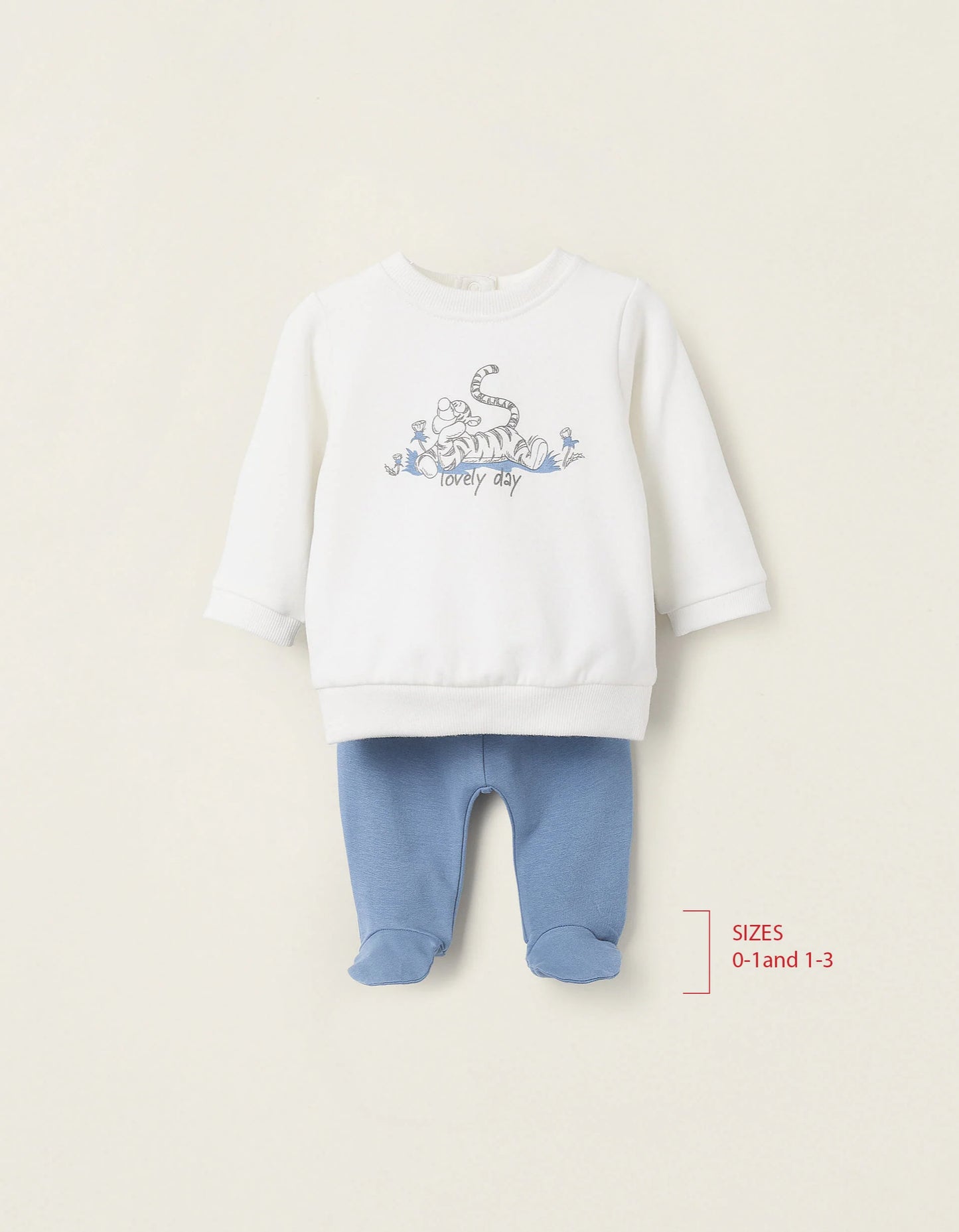 Sweatshirt + Footed Trousers for Newborns 'Tiger', White/Blue