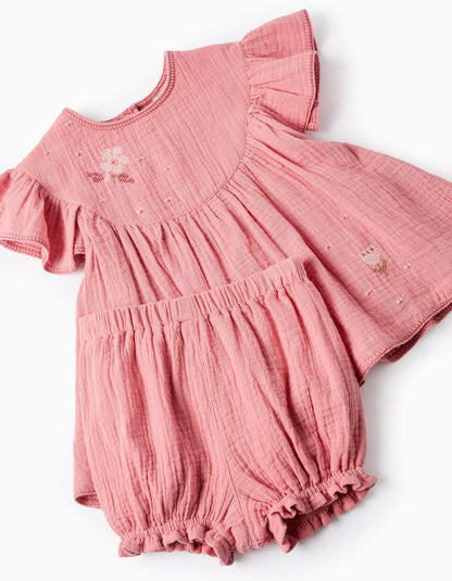 Dress + Bloomers in Cotton Muslin for Baby Girls, Pink