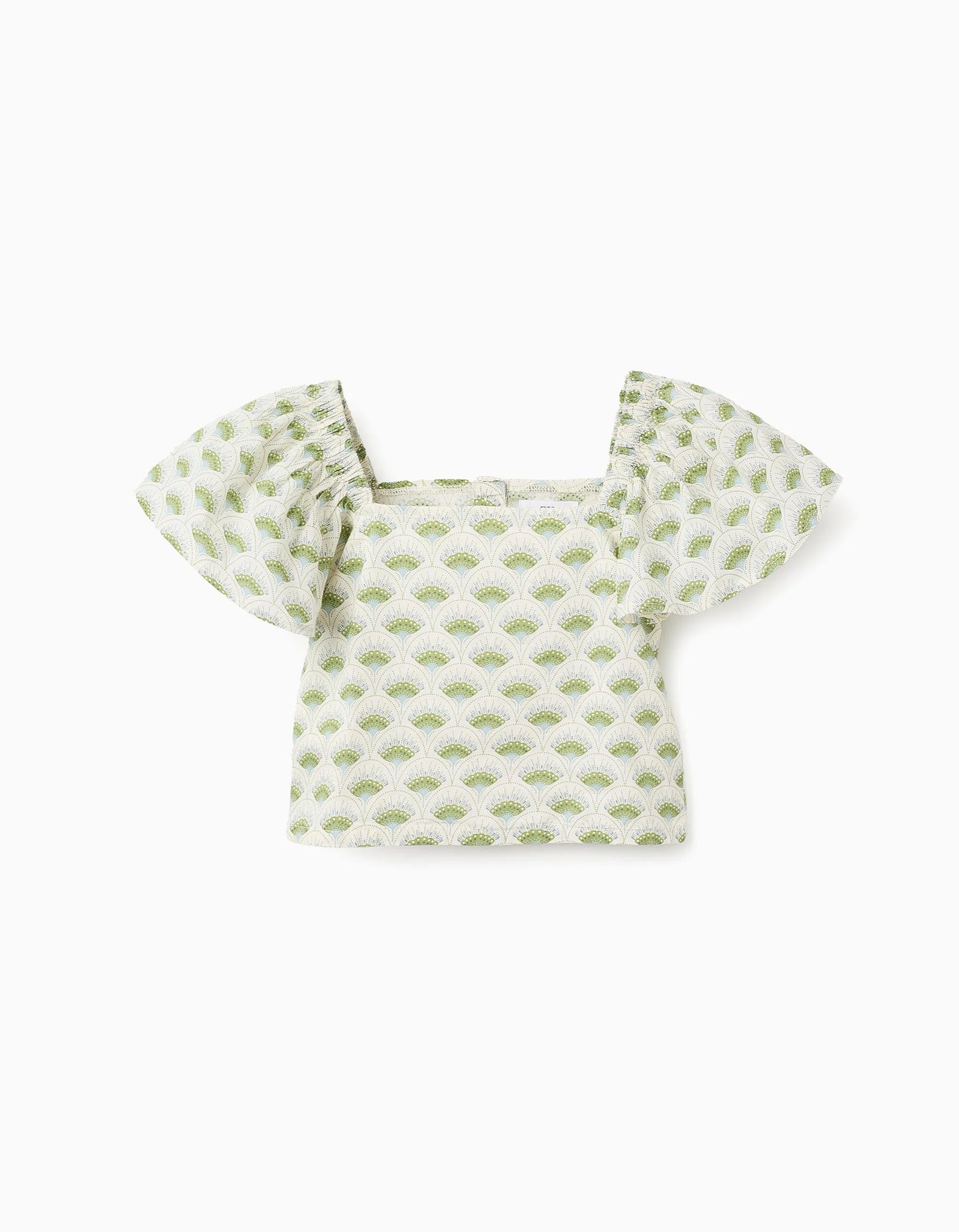 Floral Top with Butterfly Sleeves for Girls, White/Green