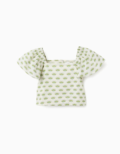 Floral Top with Butterfly Sleeves for Girls, White/Green