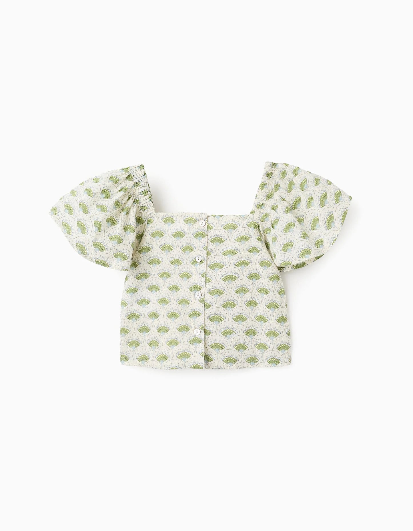 Floral Top with Butterfly Sleeves for Girls, White/Green