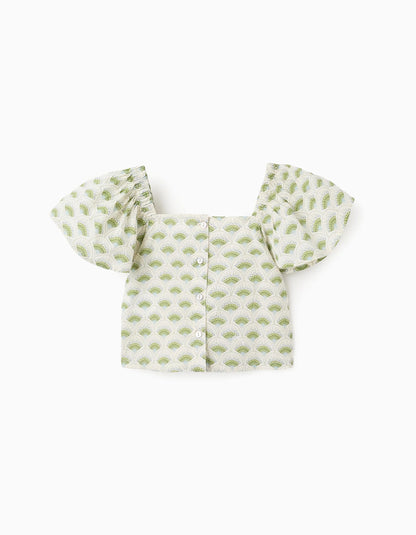 Floral Top with Butterfly Sleeves for Girls, White/Green
