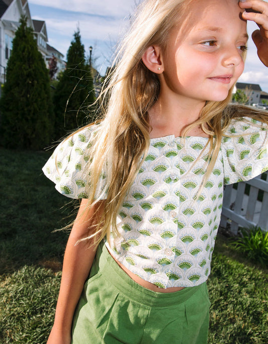 Floral Top with Butterfly Sleeves for Girls, White/Green
