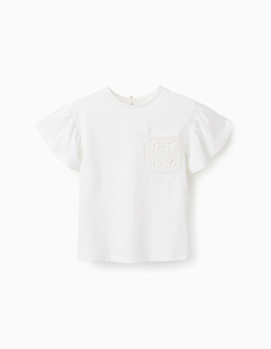 Cotton T-shirt with Crochet Detail for Girls, White