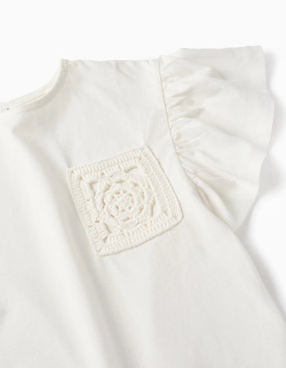 Cotton T-shirt with Crochet Detail for Girls, White