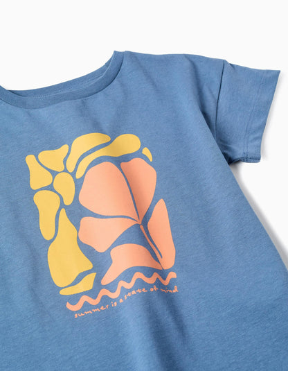 Cotton T-shirt with Print for Girls 'Summer', Blue