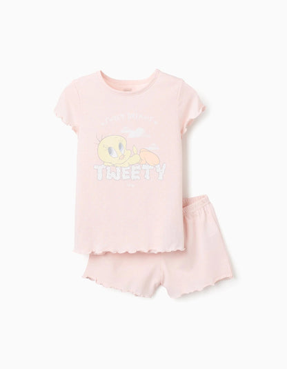 Cotton Pyjama Set T-shirt + Shorts for Girls 'Tweety', Light Pink