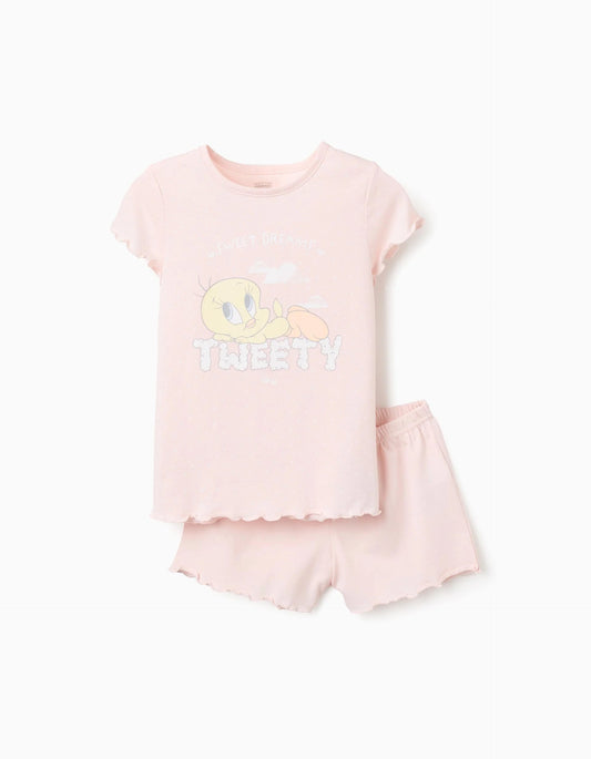 Cotton Pyjama Set T-shirt + Shorts for Girls 'Tweety', Light Pink