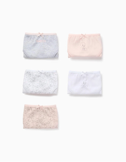 Pack of 5 Briefs for Girls 'Tweety', White/Pink/Grey