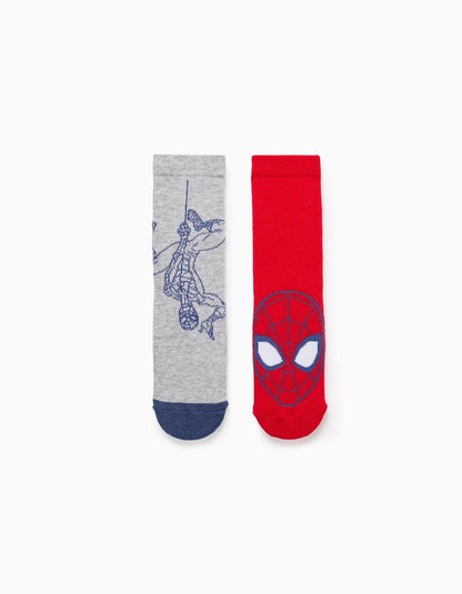 Pack 2 Pairs of Non-Slip Socks for Boys 'Spider-Man', Red/Grey